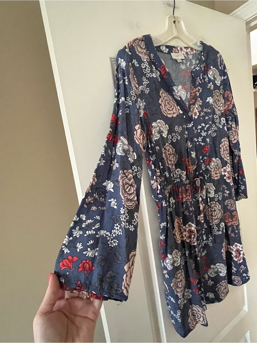 Loft Floral Long Sleeve Navy Swing Dress with Blooms Women’s size small - Picture 6 of 12